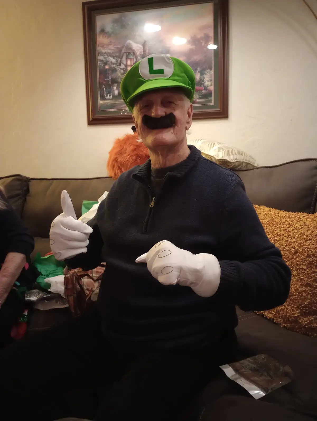 An elderly man sits on a couch wearing a green Luigi hat with an 'L', a fake mustache, and white gloves with finger holes…