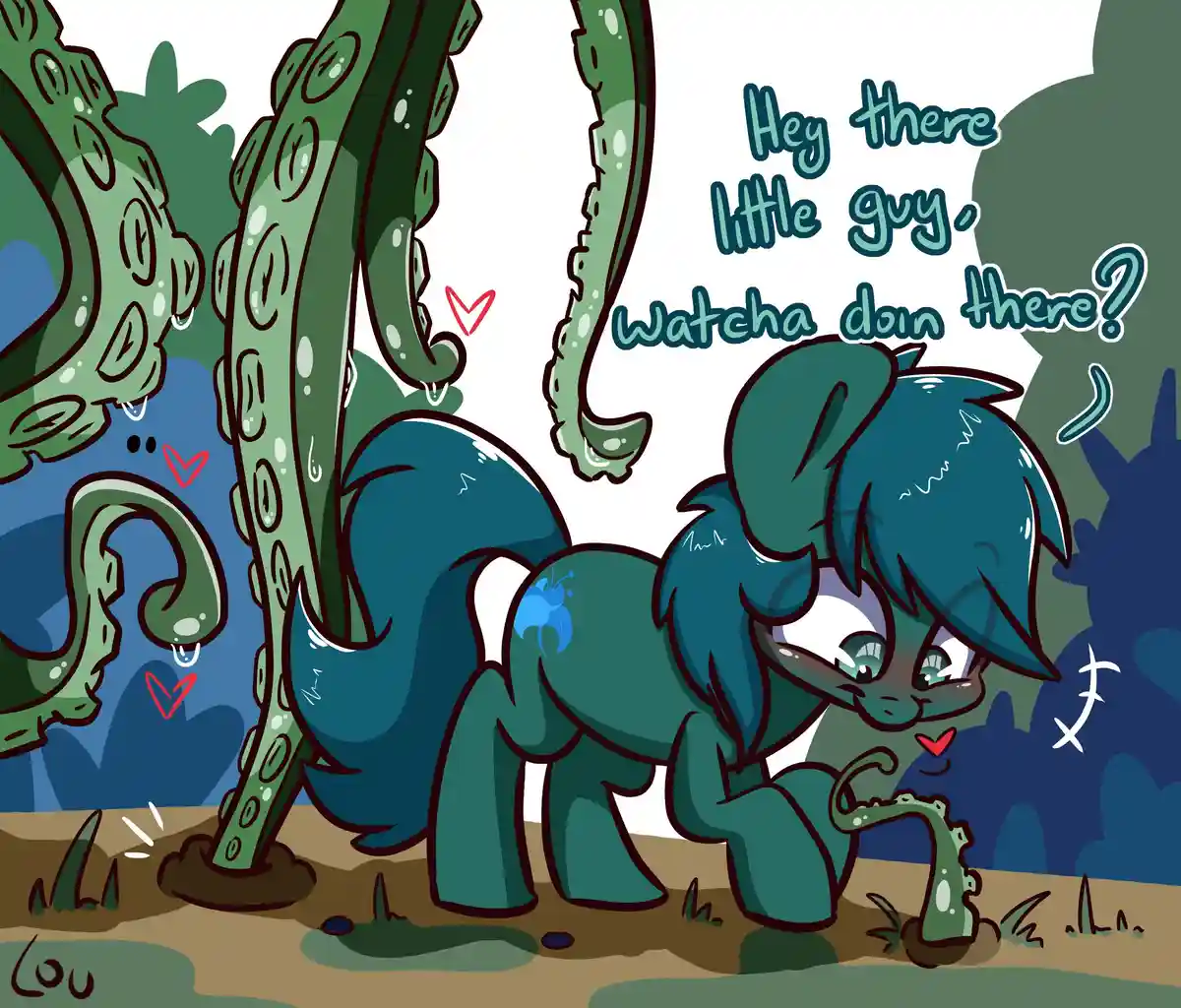 A teal-colored pony with a blue butterfly cutie mark is kneeling and interacting with a small green octopus tentacle…