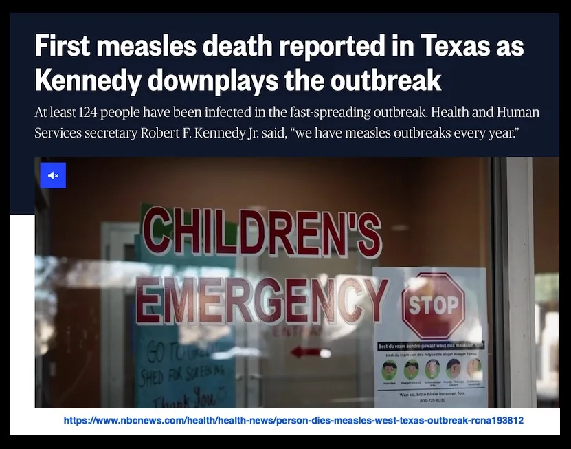 A screenshot of a news article headline about a measles death in Texas, overlaid on a photo of a glass door with 'CHILDREN'S…