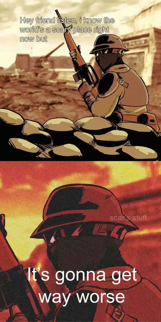 The image is a two-panel meme featuring a soldier in a desert war setting. In the top panel, a soldier in tan uniform and…