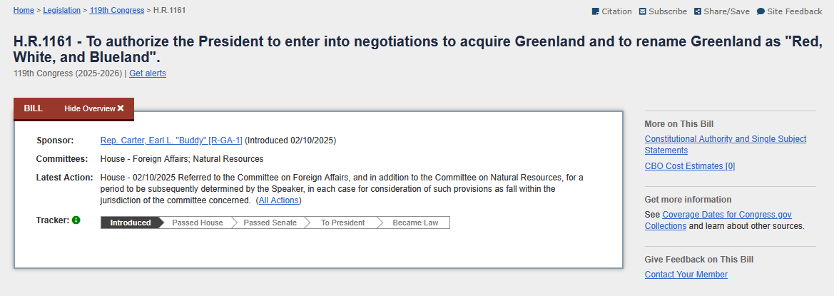A screenshot of a U.S. Congress.gov webpage showing bill H.R.1161, which humorously proposes to acquire Greenland and rename…