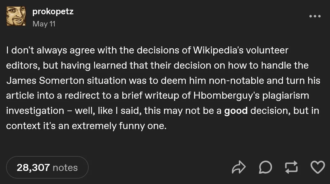 A screenshot of a Tumblr post by user 'prokopetz' dated May 11, featuring white text on a dark background. The text…