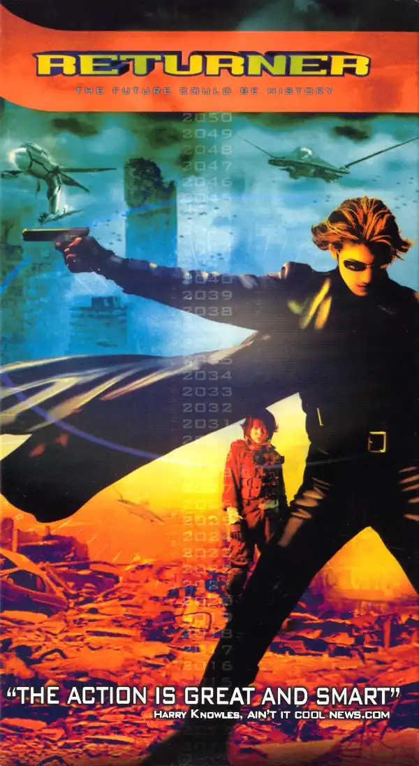 A movie poster for 'Returner' shows a man in a black suit and cape pointing a gun forward, with a smaller figure behind him…