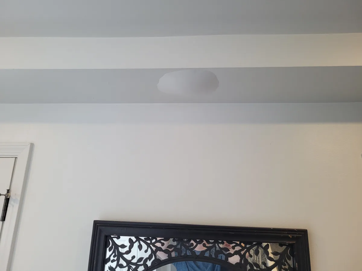 A photo shows a freshly painted wall with a gray stripe and white ceiling, where a large, imperfectly painted gray oval spot…