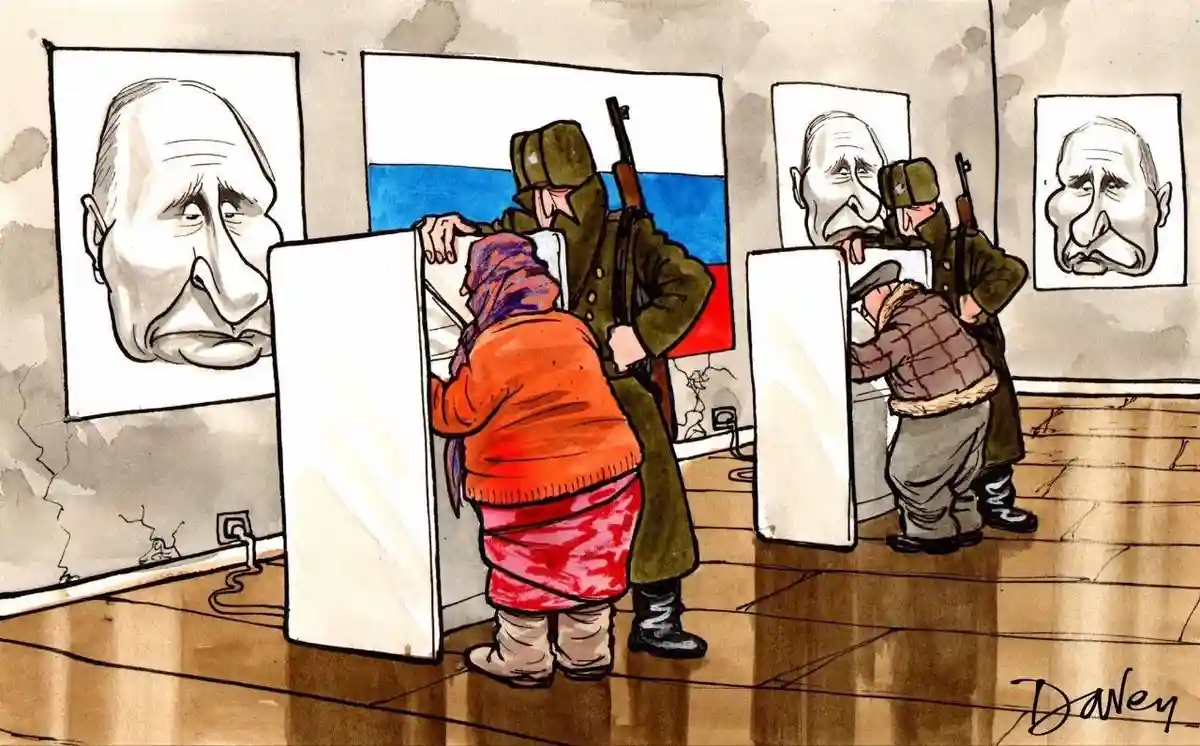A cartoon depicts voters at polling booths in a room with large caricatures of Vladimir Putin on the walls. Soldiers in…