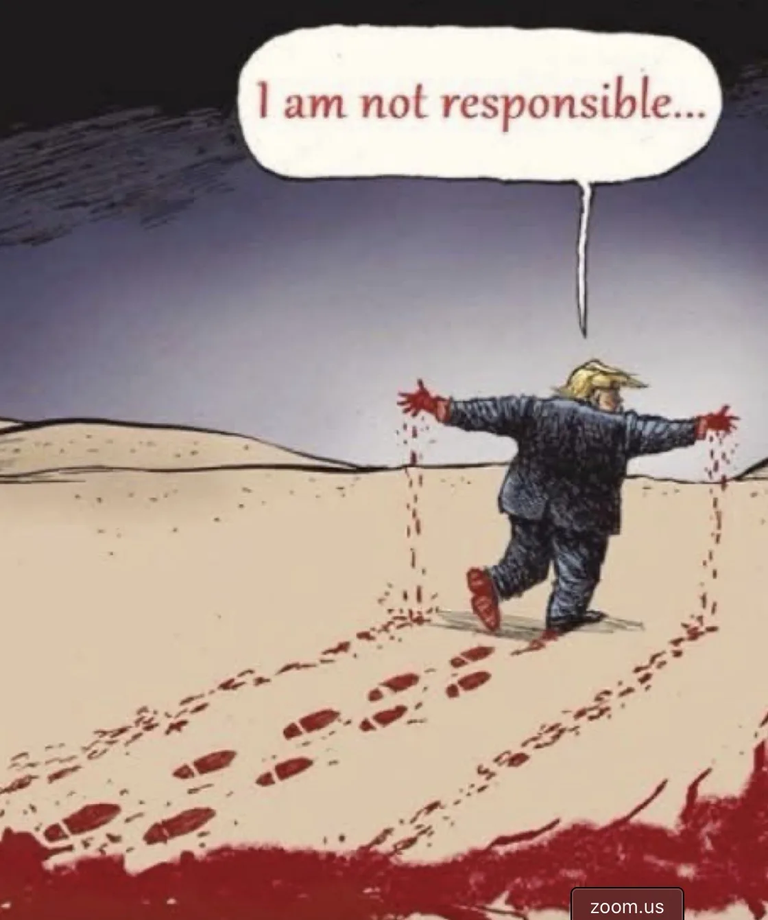 A cartoon depicts a man with blonde hair and a suit running away from a large bloodstain in the sand, leaving bloody…