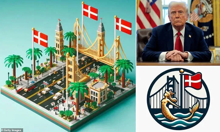 The image is a collage featuring a LEGO model of the Golden Gate Bridge with Danish flags, a photo of Donald Trump looking…