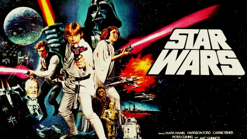 A vintage Star Wars movie poster featuring iconic characters like Luke Skywalker, Princess Leia, Darth Vader, Chewbacca…