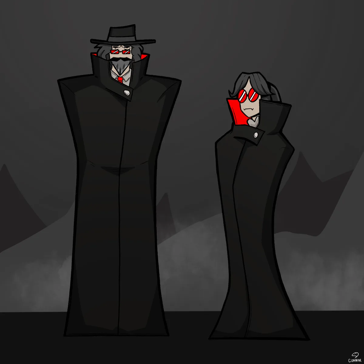 Two cartoon characters in identical black trench coats with red-lined collars and red sunglasses stand side by side against…