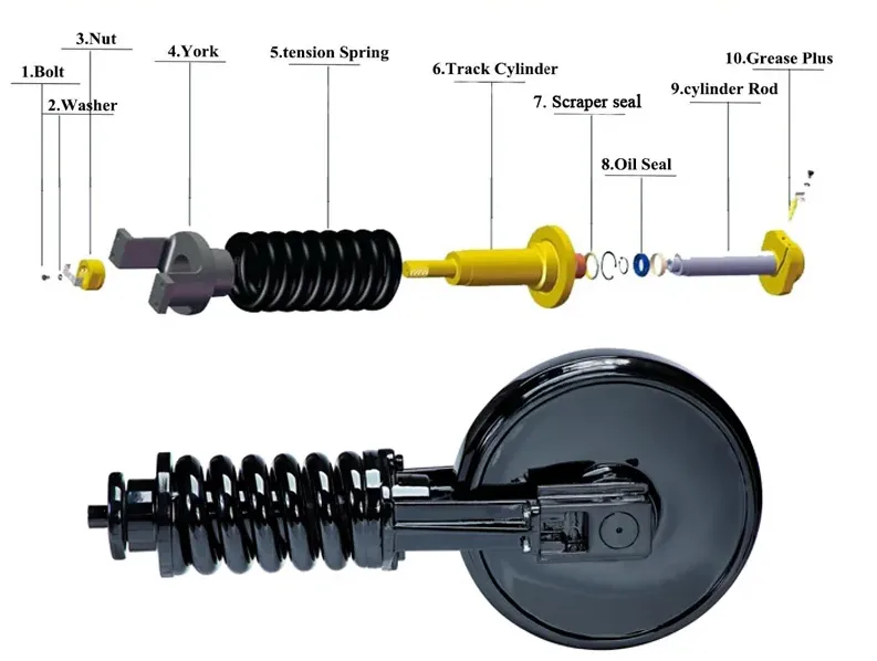 An exploded-view diagram of a mechanical track cylinder assembly, labeled with 10 numbered parts including bolt, washer…