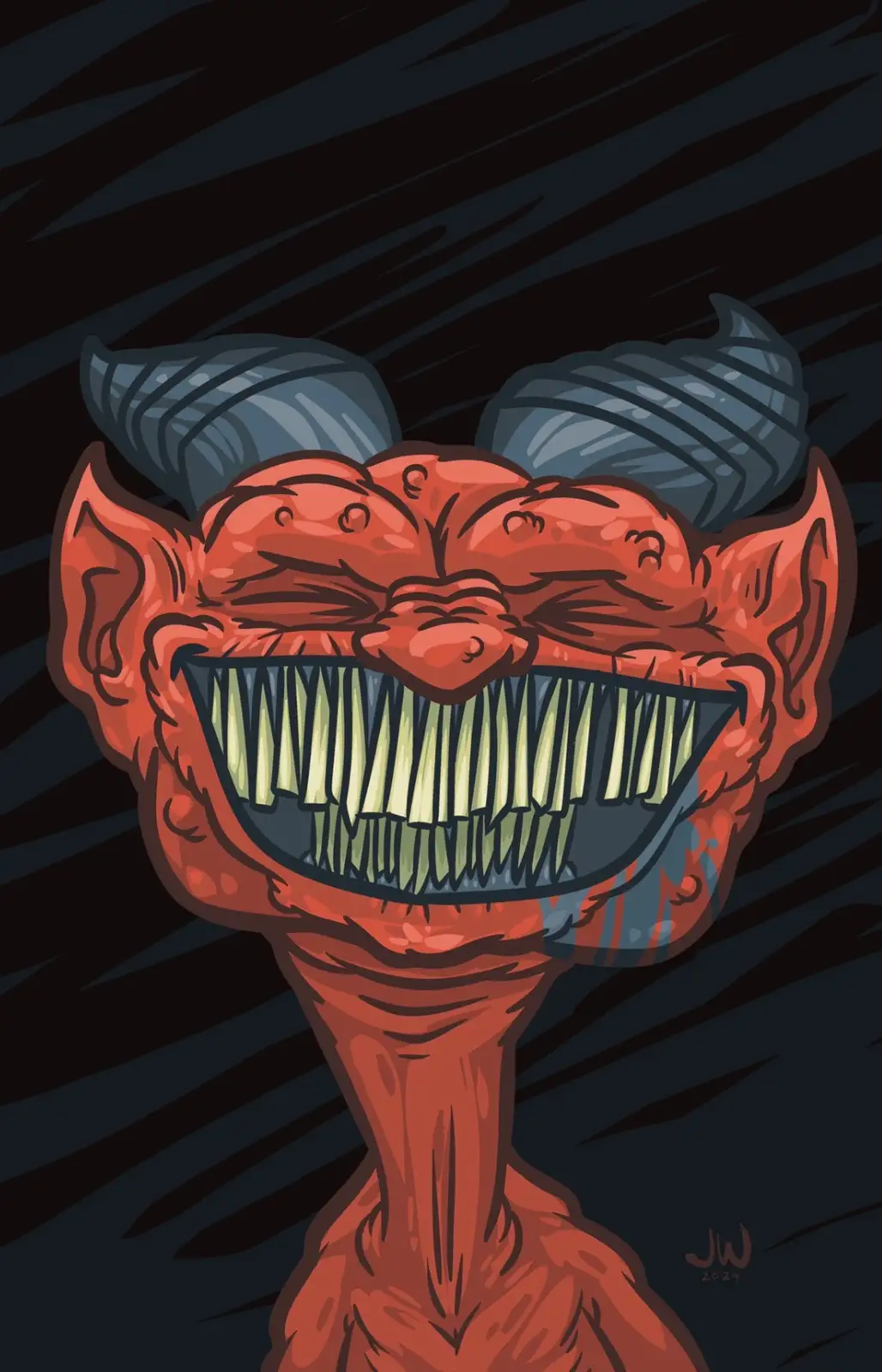 A cartoonish red devil with large gray horns, pointed ears, and a wide grin showing sharp teeth, set against a dark…