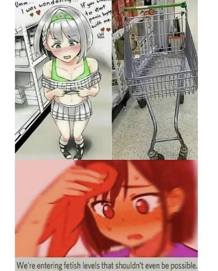 The image is a three-panel meme. Top left: an anime girl in a school uniform with text asking if you want to 'panic buy'…
