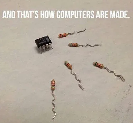 A close-up photo shows a black integrated circuit chip with legs and several small, coiled, resistor-like components…