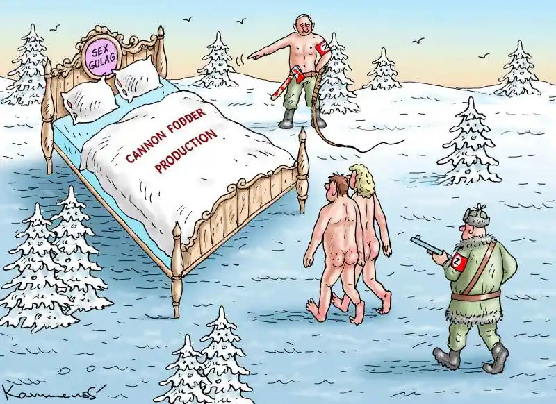 A cartoon depicts a snowy landscape with a large ornate bed labeled 'SEX GULAG' and 'CANNON FODDER PRODUCTION'. A shirtless…