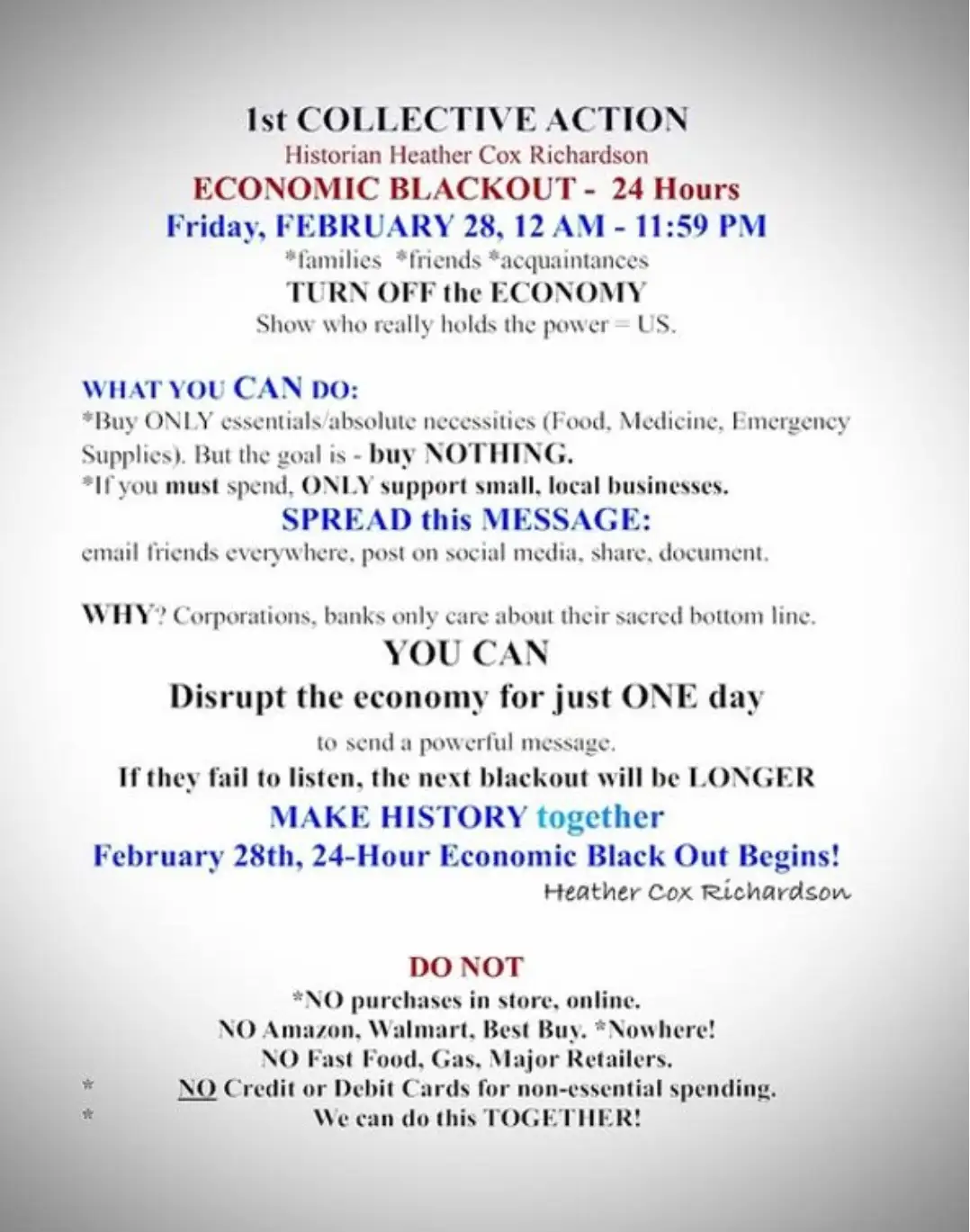 A flyer-style image with bold, colorful text announcing a '24-Hour Economic Blackout' scheduled for February 28th, urging…