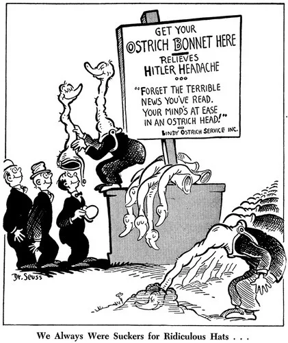 A black-and-white Dr. Seuss cartoon shows a man in a suit holding up a sign advertising an 'Ostrich Bonnet' that relieves…