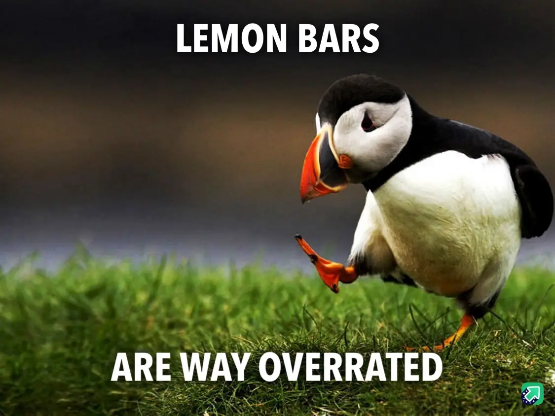 A puffin stands on green grass, looking down with one foot lifted, as if in disdain. White bold text at the top reads 'LEMON…