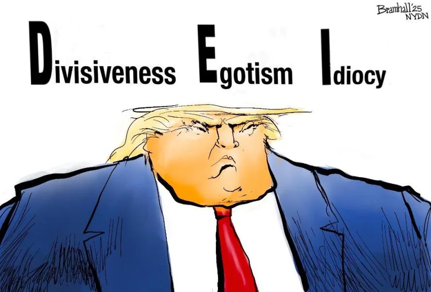 A cartoon illustration of Donald Trump with a stern, angry expression, wearing a blue suit and red tie. Above his head are…