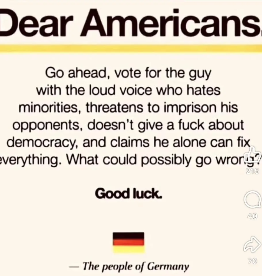 The image displays a text message styled like a letter, addressed to 'Dear Americans,' advising them to vote for a…