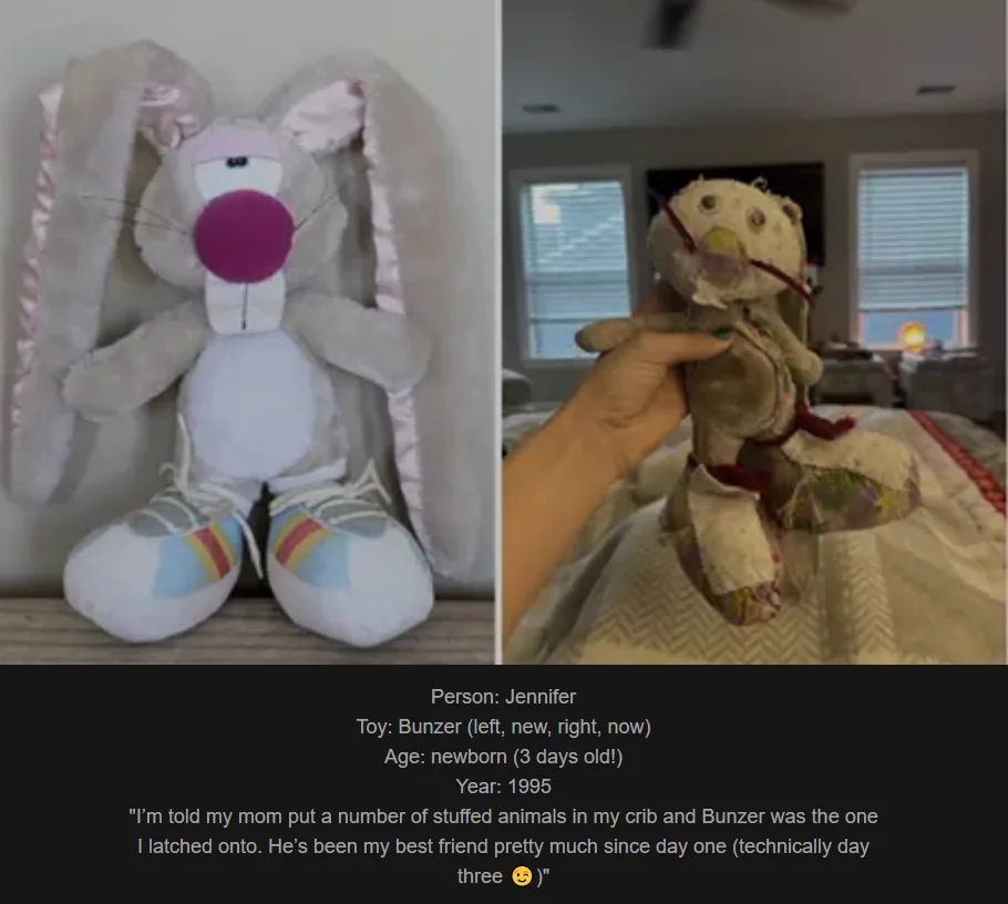 The image shows a split-screen comparison of a new, pristine stuffed bunny toy on the left and a heavily worn, frayed, and…