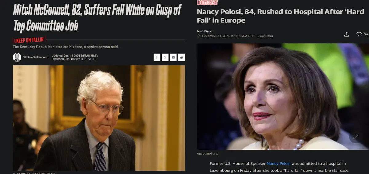 The image displays two side-by-side fake news articles from 'The Daily Beast'. The left article features Mitch McConnell…