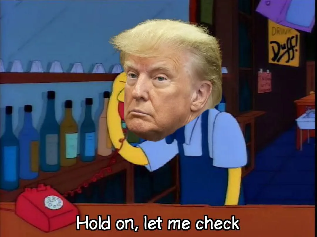 A still image from The Simpsons shows a character with Donald Trump's face, wearing a blue and yellow uniform, standing…