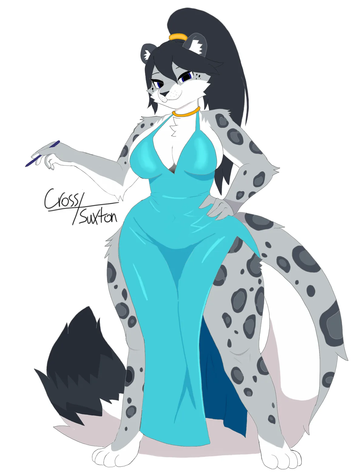 An anthropomorphic leopard character with grey and black spotted fur, wearing a form-fitting turquoise dress and a matching…