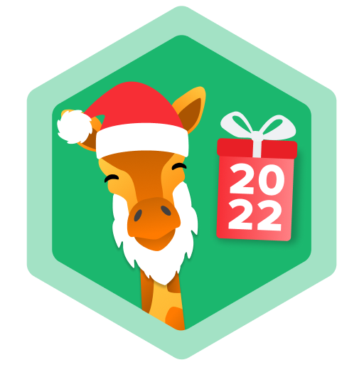 A cartoon giraffe wearing a red Santa hat and a white beard, smiling with closed eyes, next to a red gift box labeled '2022'…