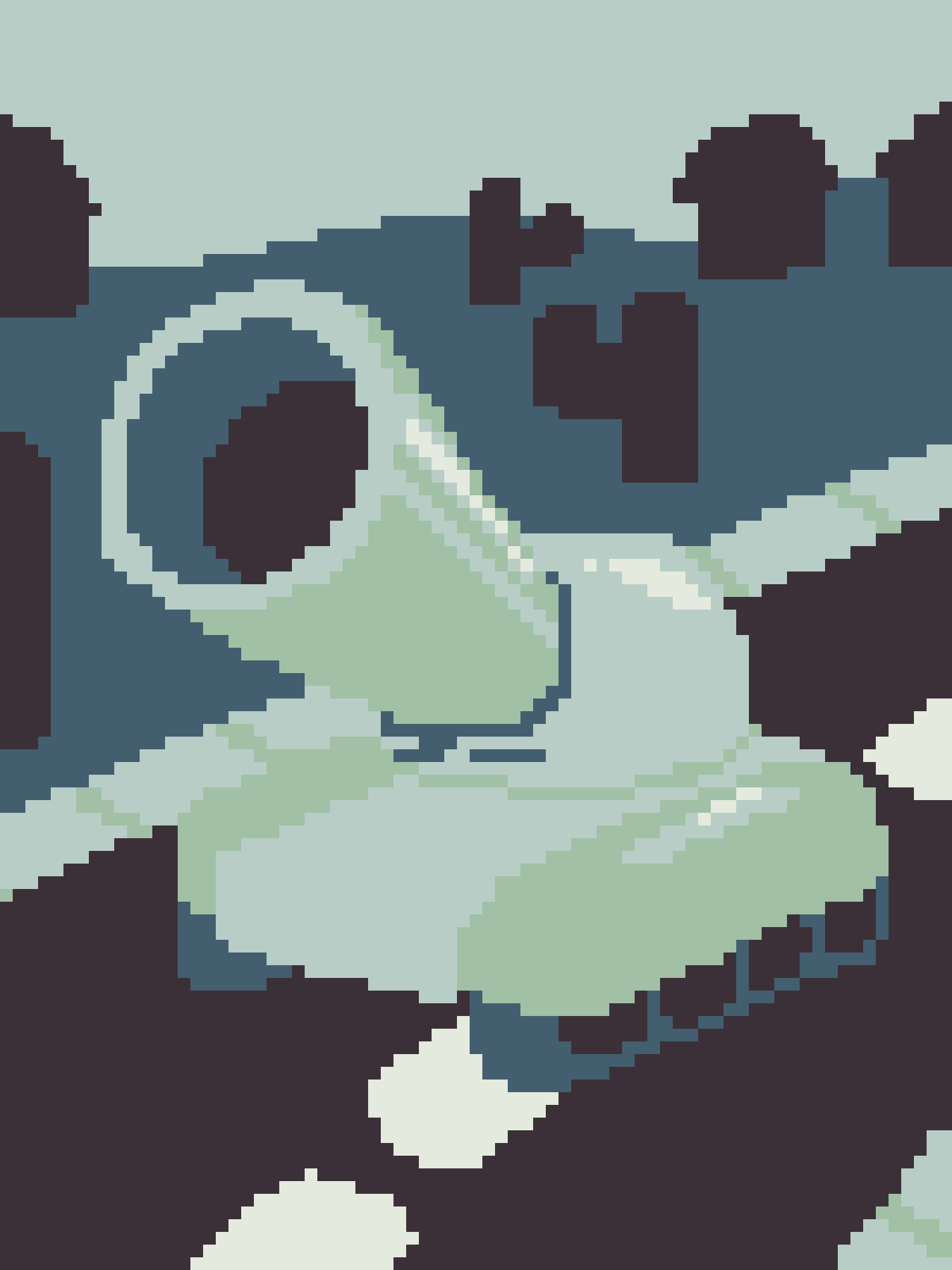 A low-resolution pixel art image depicts a crying face with large, teardrop-shaped eyes and a downturned mouth, rendered in…
