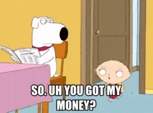A sequence of six panels from the animated TV show 'Family Guy' showing the character Stewie Griffin standing and repeatedly…