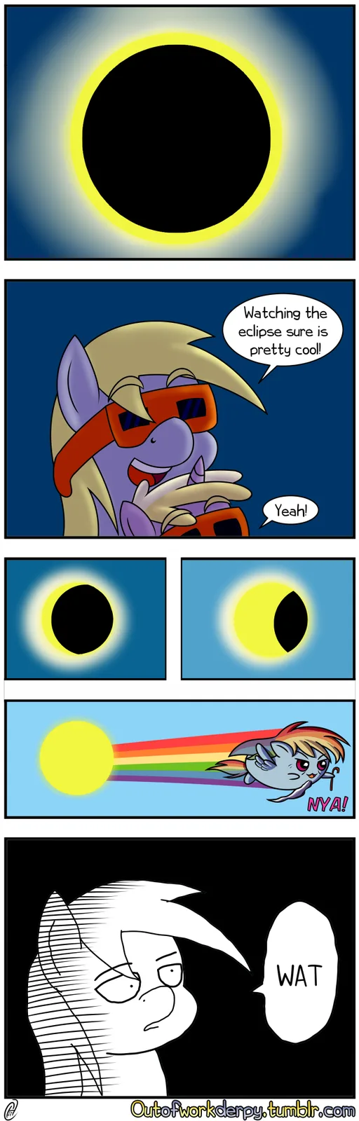 A five-panel comic strip shows a purple pony with blonde hair wearing eclipse glasses, exclaiming 'Watching the eclipse sure…