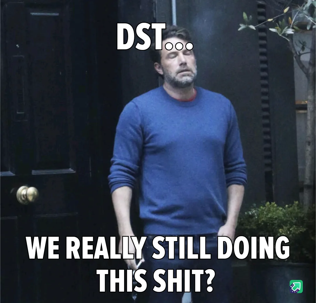 A man in a blue sweater stands outside a dark door with a weary, resigned expression, eyes half-closed. The text overlaid on…