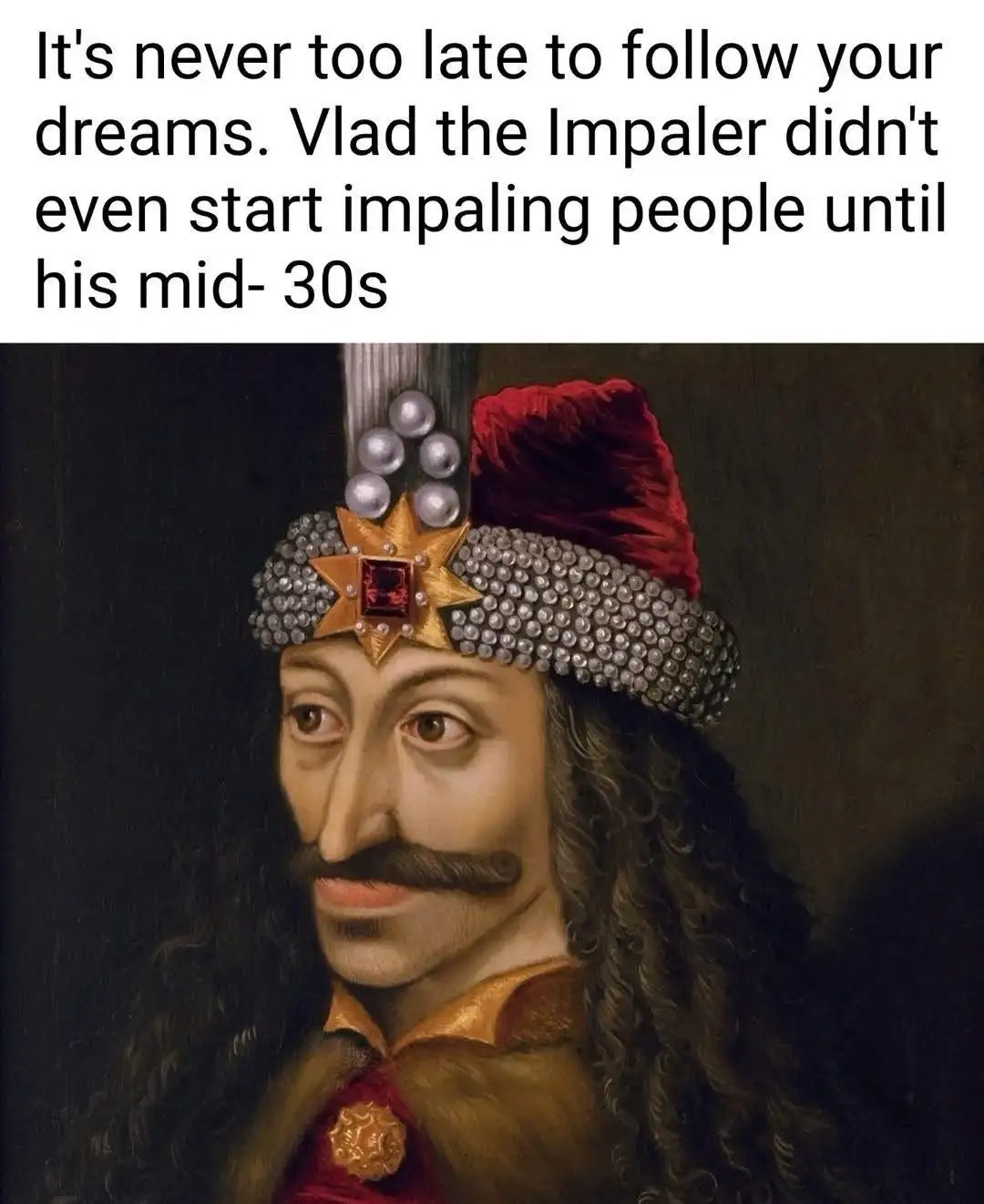 A historical portrait of Vlad the Impaler, a man with long dark curly hair, a prominent mustache, and wearing an ornate…