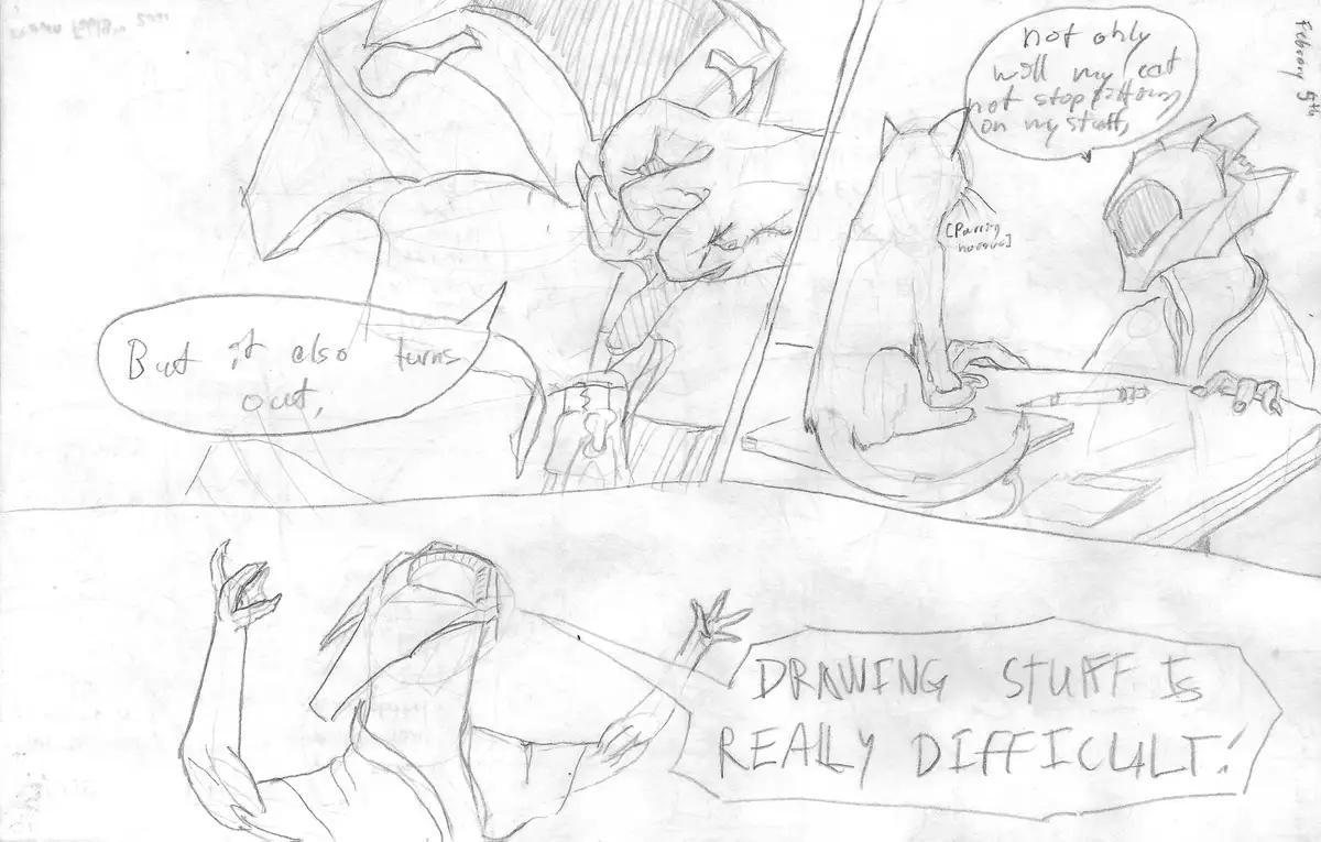 A hand-drawn comic strip in pencil shows a person drawing at a desk while their cat sits on their art supplies. The cat has…