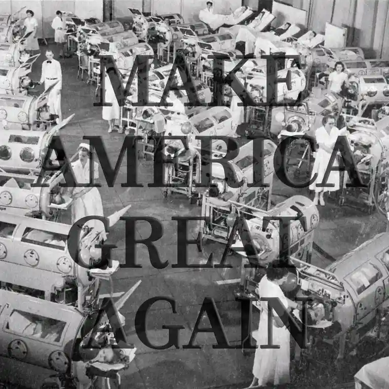 A black-and-white historical photo shows workers in a factory assembling vintage cars, overlaid with the text 'MAKE AMERICA…