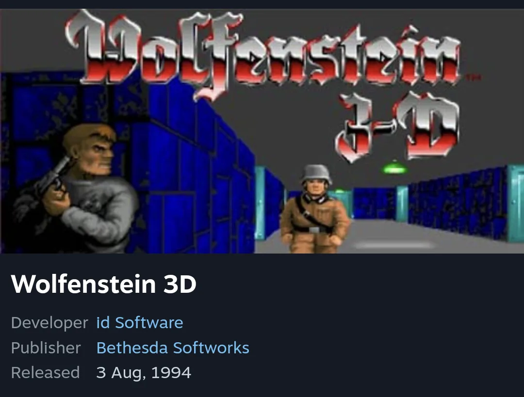 The image displays the title screen of the 1994 video game Wolfenstein 3D, featuring its iconic red and silver logo. Two…