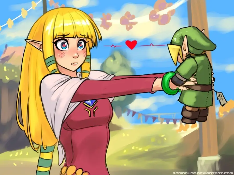 A blonde elf woman with blue eyes and red cheeks, wearing a red dress with a white shirt and green-striped arm warmers, is…