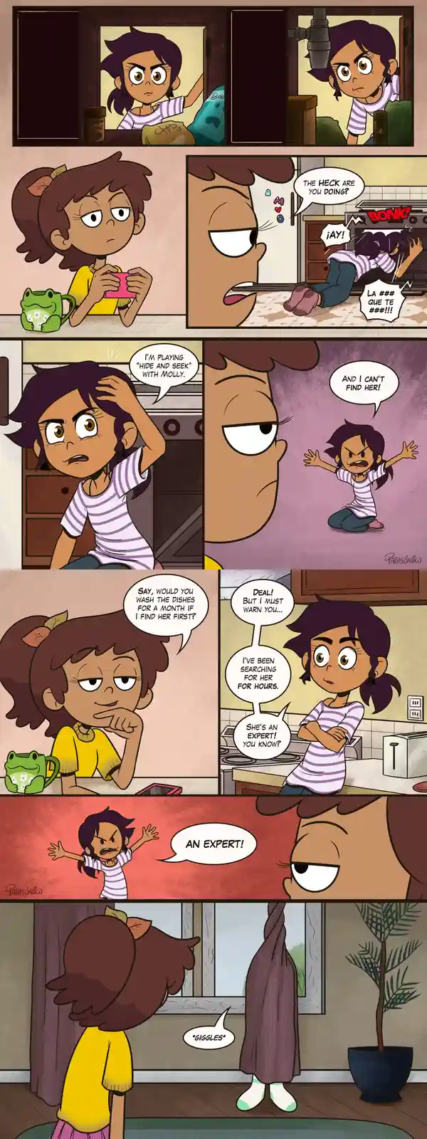 A comic strip shows a girl hiding in various places while playing hide and seek with her sister, who is searching for her…