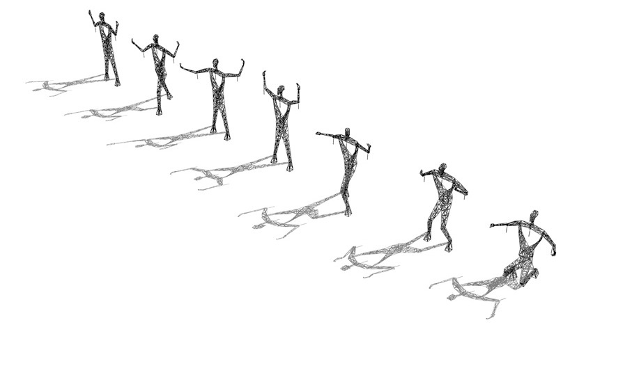 A sequence of seven stylized, wireframe human figures in a diagonal line, each progressively more slumped and deformed, with…