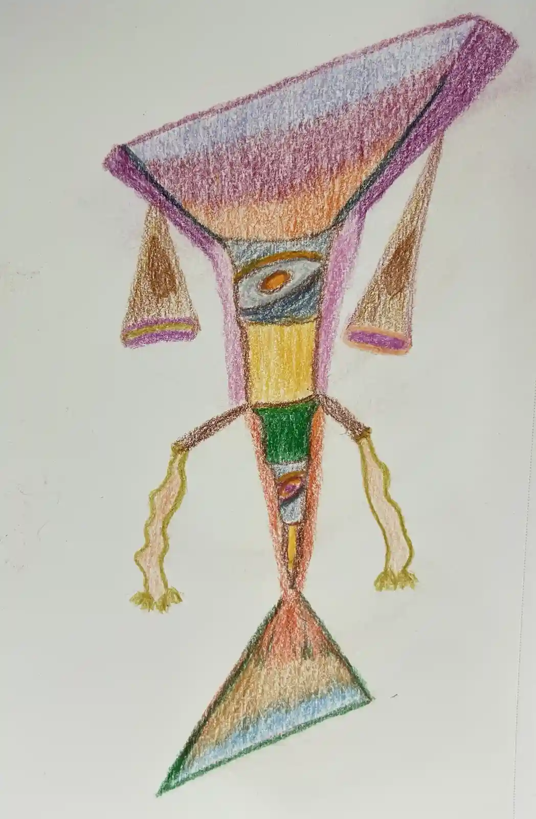 A child's crayon drawing depicts a tall, abstract humanoid figure with a large, triangular purple hat, a single eye, and…