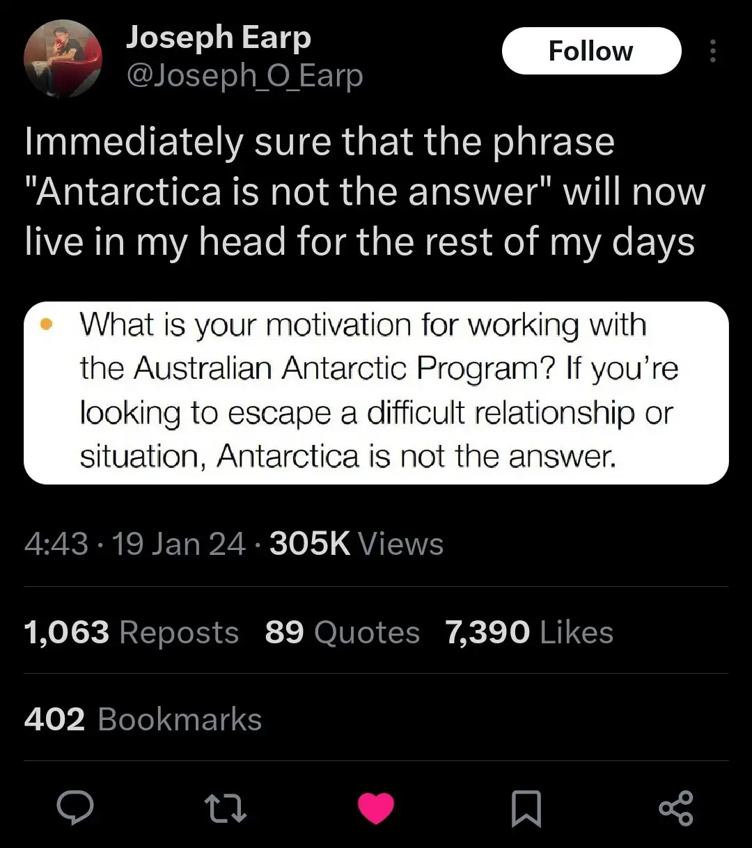 A screenshot of a social media post by Joseph Earp showing a quote bubble that reads: "What is your motivation for working…