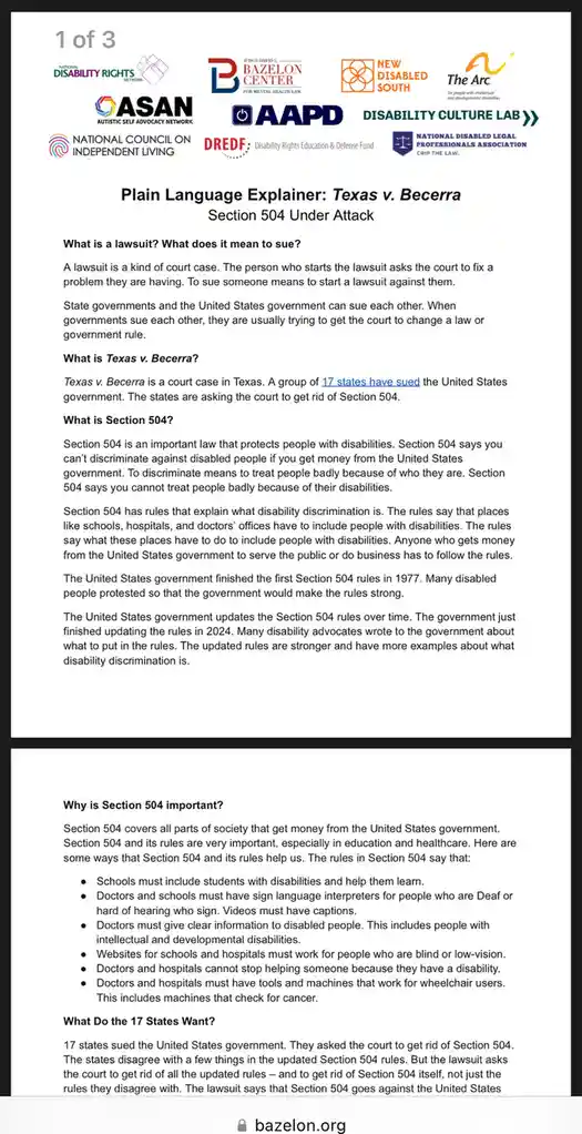 A document titled 'Plain Language Explainer: Texas v. Becerra Section 504 Under Attack' from the Bazelon Center, detailing a…
