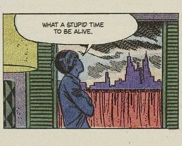 A vintage comic panel shows a person in profile looking out a window at a stylized city skyline under a stormy sky. The…
