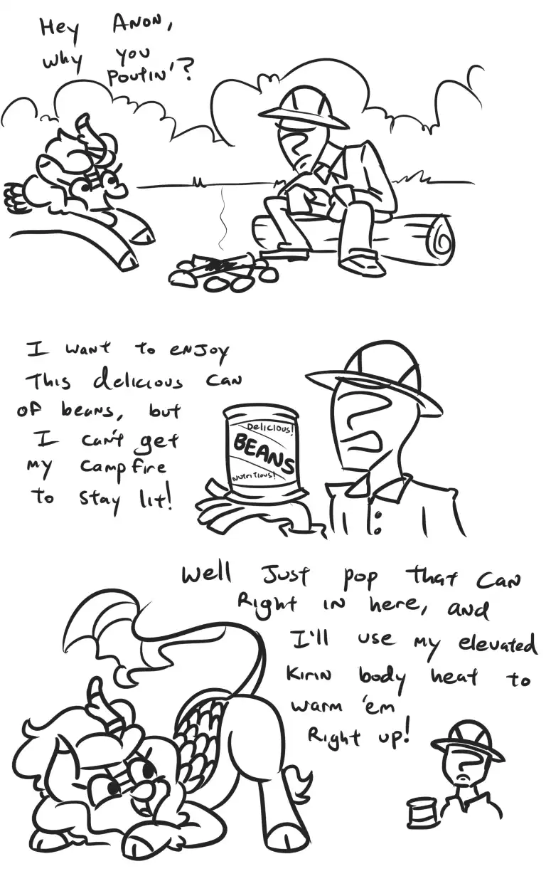 A three-panel black-and-white comic strip featuring a cartoon pony and a human-like figure in a hat. In the first panel, the…