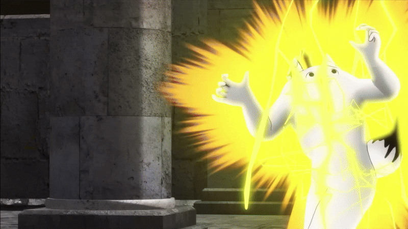 six anime panels show a white, fox-eared character surrounded by yellow lightning, then a black silhouette, then the…