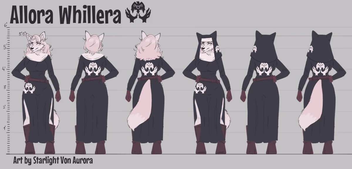 A character design sheet for 'Allora Whillera' shows six views of an anthropomorphic fox in a dark robe with a white fur…