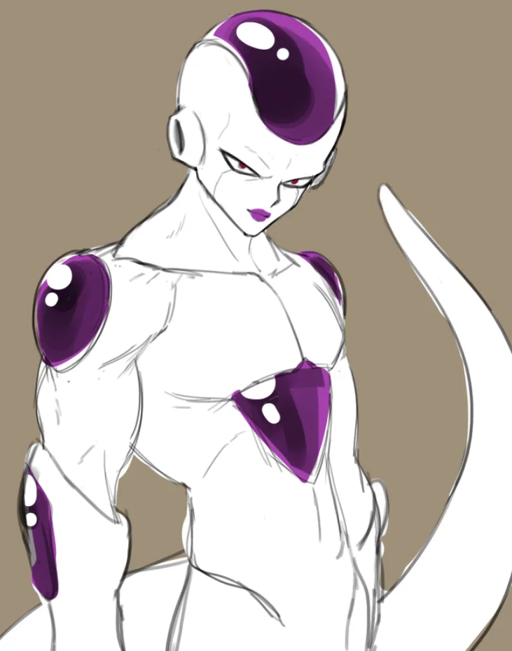 A sketch-style illustration of the anime character Frieza, depicted with his signature white skin, purple markings on his…
