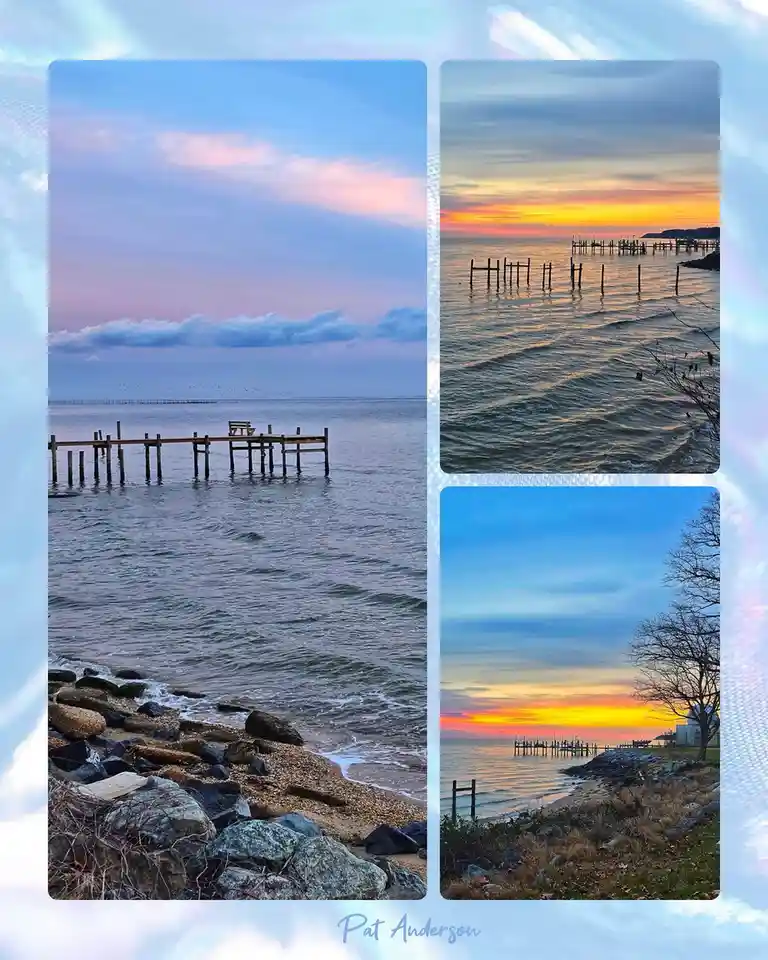 A collage of three scenic coastal photos showing wooden piers, rocky shores, and vibrant sunsets or sunrises over water…