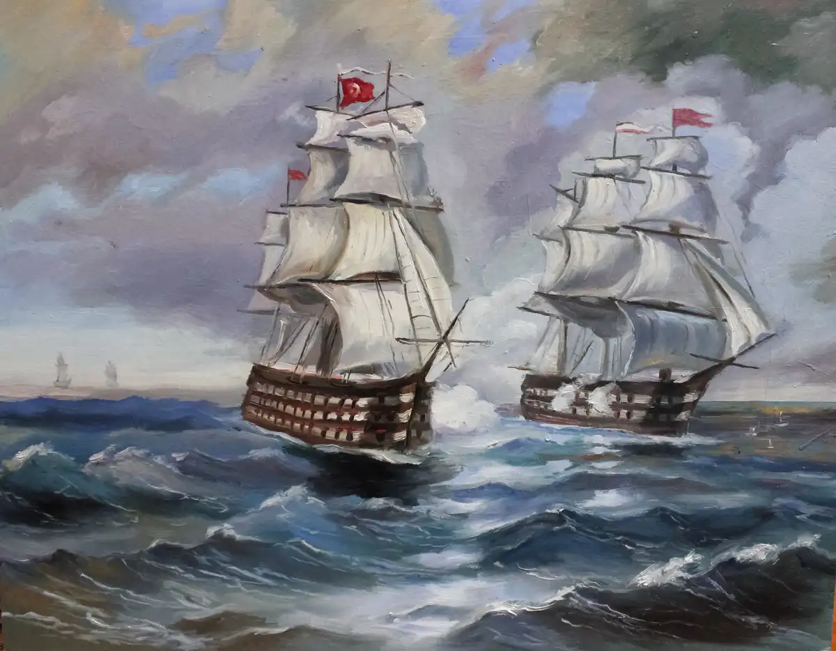 An oil painting depicts two large sailing warships with red flags navigating choppy, stormy seas under a cloudy sky. The…