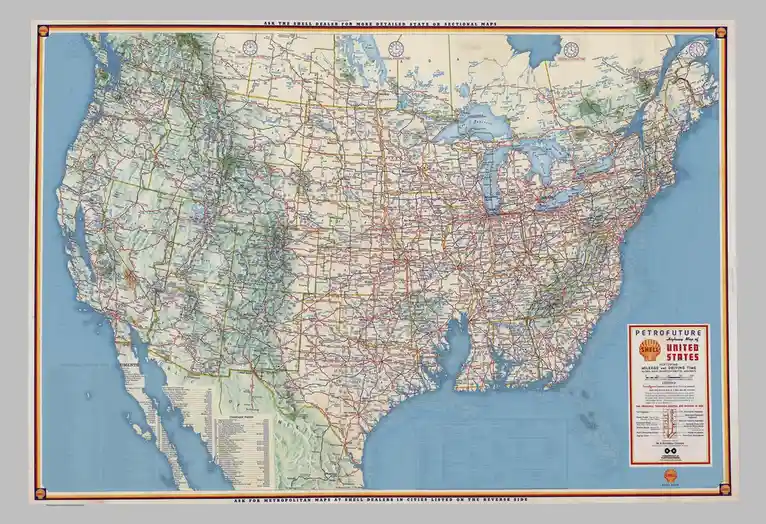 An old Shell 'Petrofuture' highway map of the United States, showing detailed road networks, time zones, and national parks…